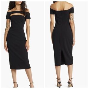 Lulus Dress Womens Sz M Midi Make a Toast Off shoulder Black cut out Cocktail